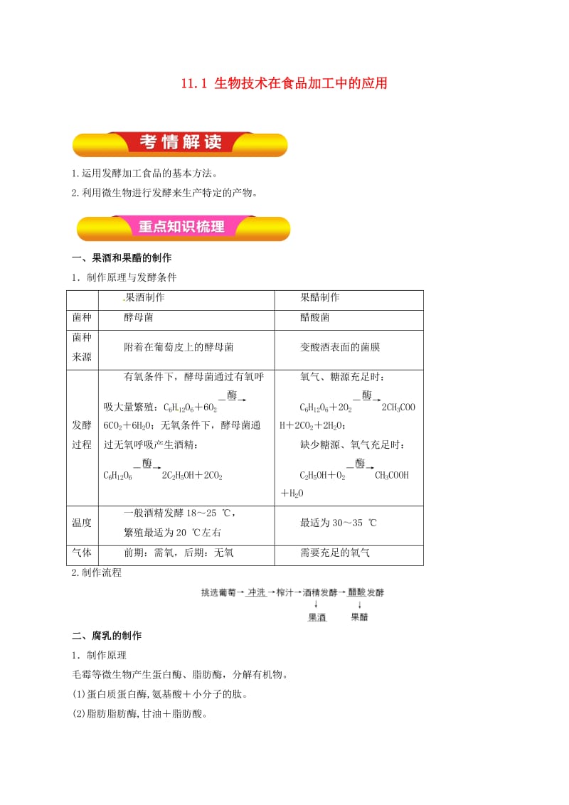 高考生物一轮复习 专题11_1 生物技术在食品加工中的应用教学案（含解析）_第1页