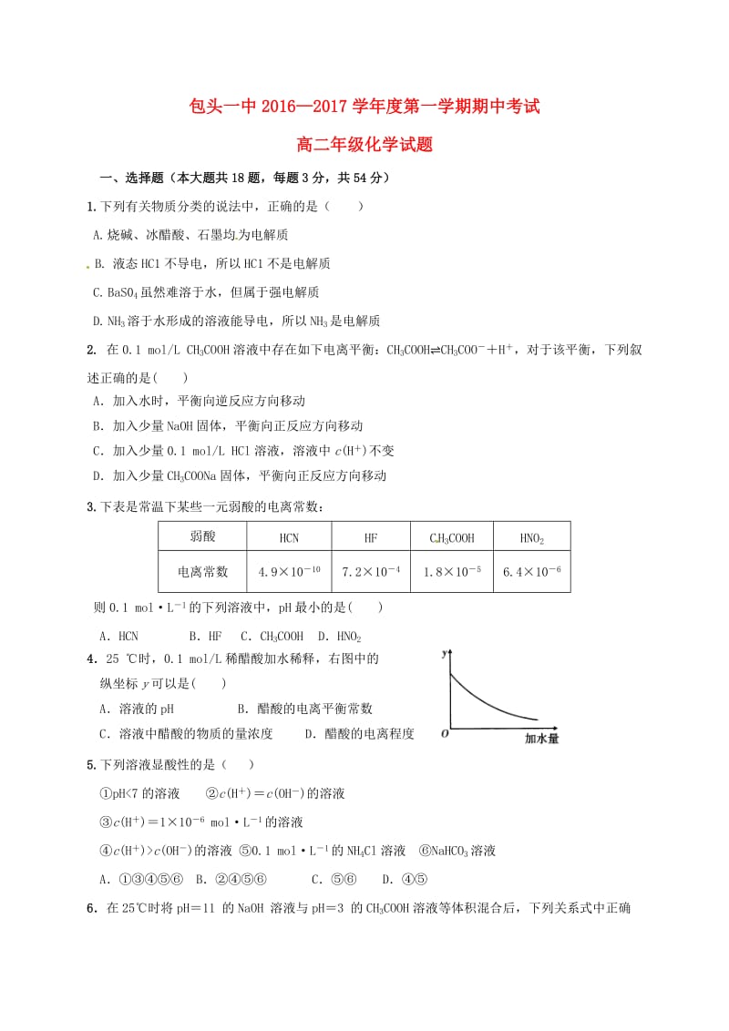 高二化学上学期期中试题 (8)_第1页