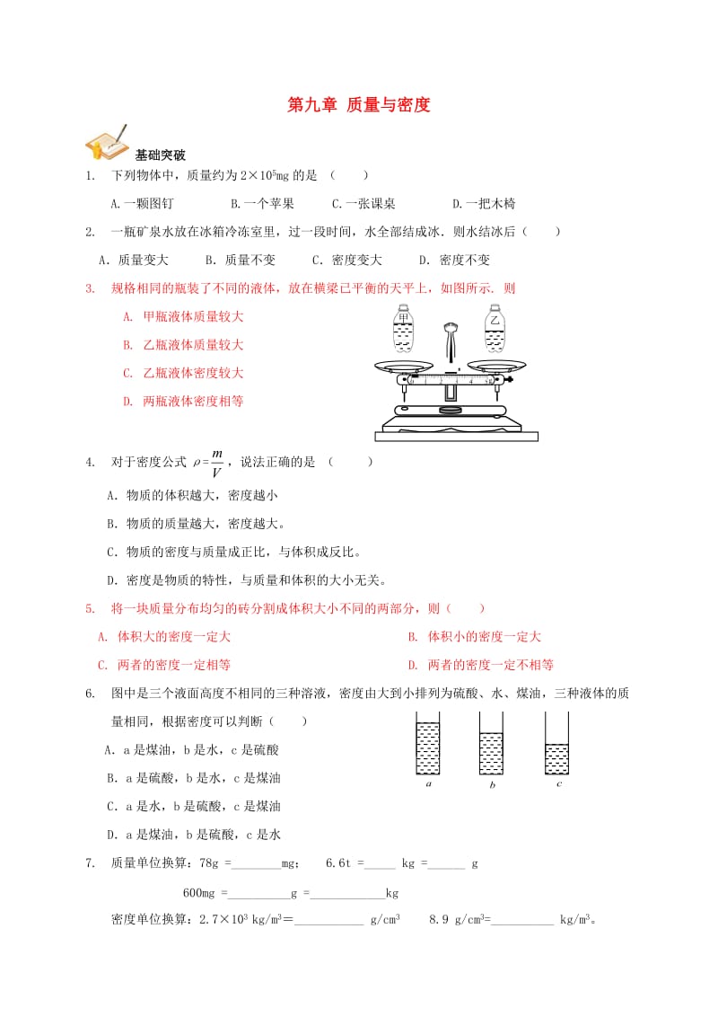 中考物理总复习 第九章 质量与密度基础突破_第1页