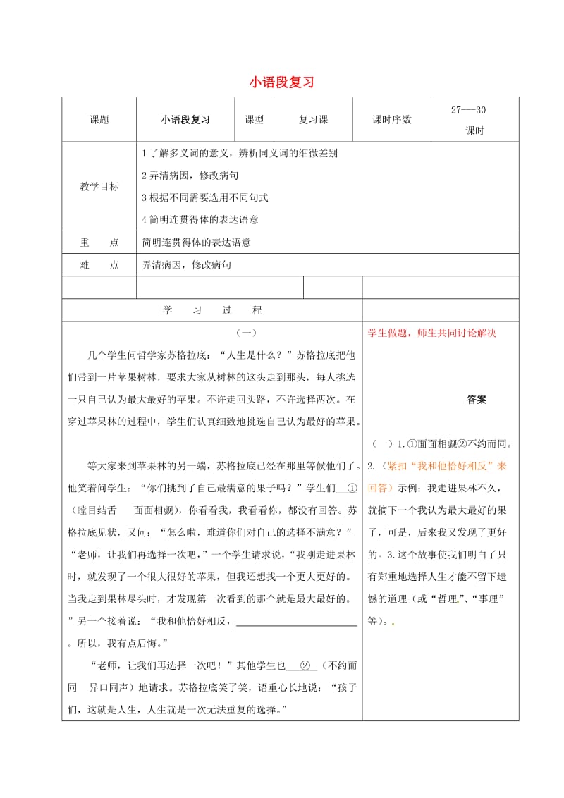 中考语文专项复习 小语段复习教案 新人教版_第1页