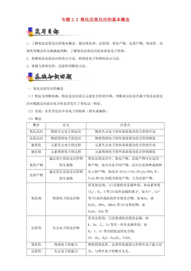 高考化学一轮复习 专题2_3 氧化还原反应的基本概念（讲）（含解析）1_第1页