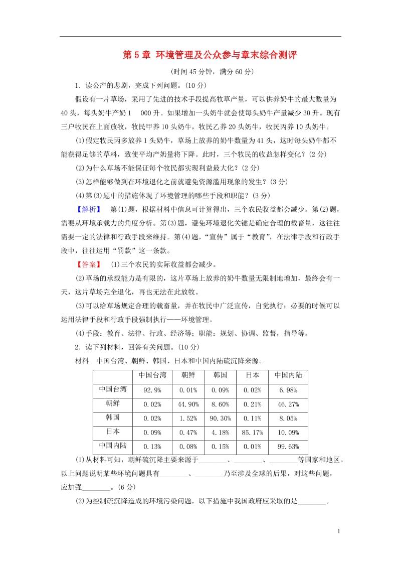 2016-2017学年高中地理第5章环境管理及公众参与章末综合测评新人教版选修_第1页