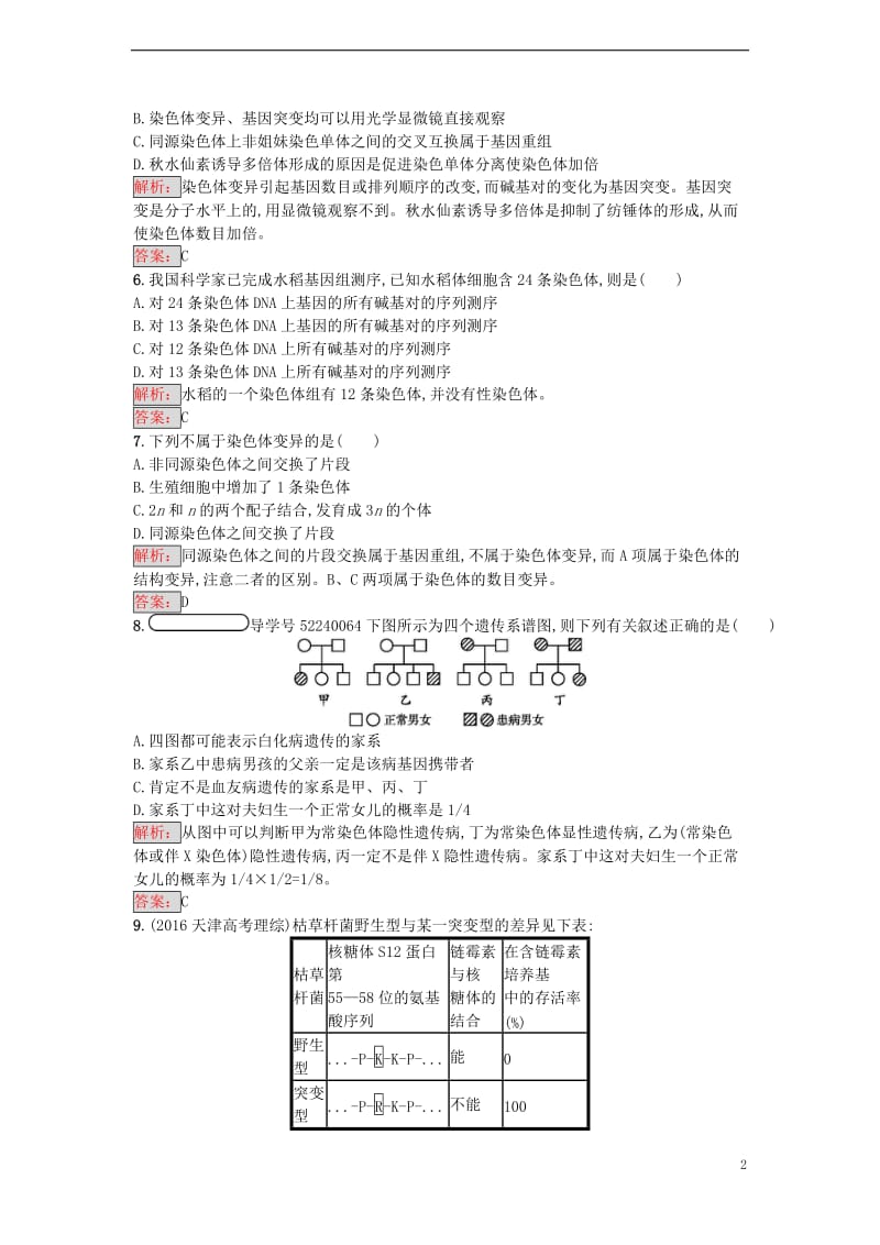 2016-2017学年高中生物 第5章 基因突变及其他变异单元测评 新人教版必修2_第2页