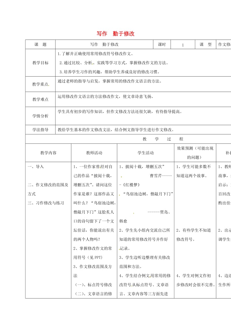 七年级语文下册 写作《勤于修改》教案 （新版）新人教版_第1页