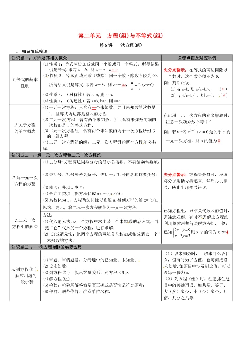 中考数学 第二单元 方程（组）与不等式（组）第5讲 一次方程(组)知识清单梳理 冀教版_第1页