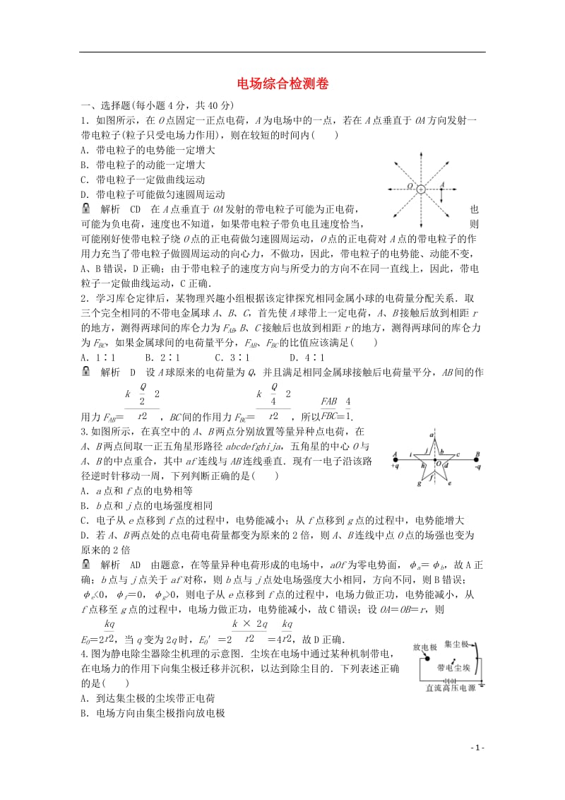 高考物理一轮基础复习 电场综合检测卷1_第1页