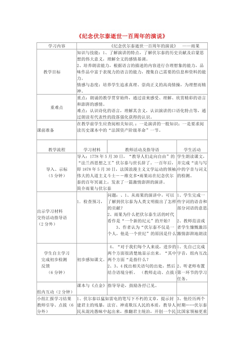 九年级语文上册 6《纪念伏尔泰逝世一百周年的演说》教学设计 新人教版_第1页