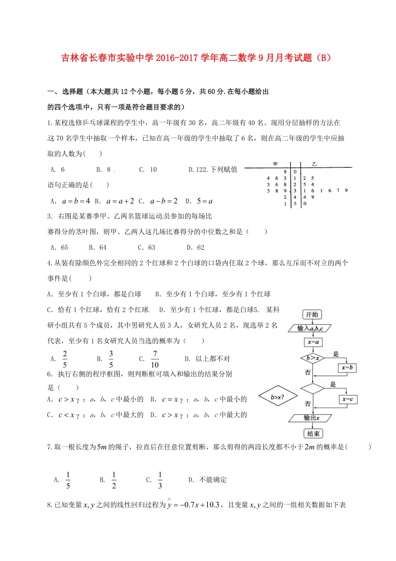 高二数学9月月考试题（B）_第1页