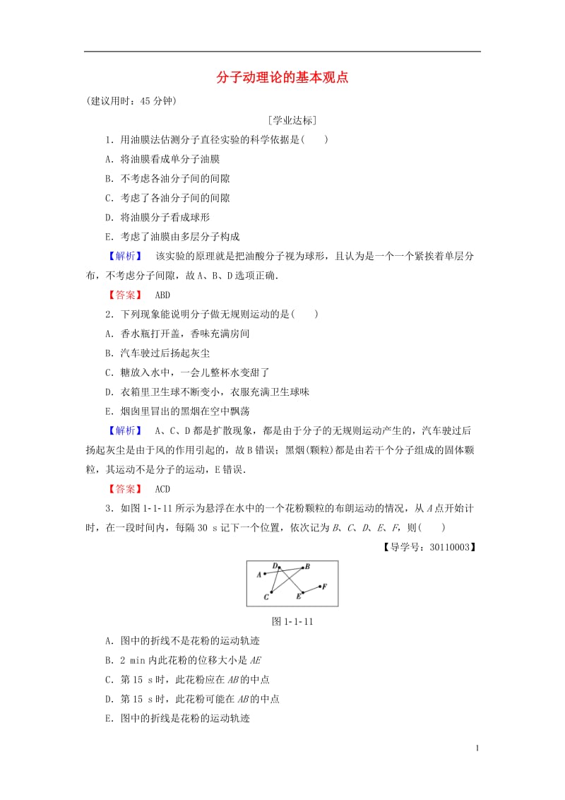 2016-2017学年高中物理第1章分子动理论第1节分子动理论的基本观点学业分层测评鲁科版选修_第1页