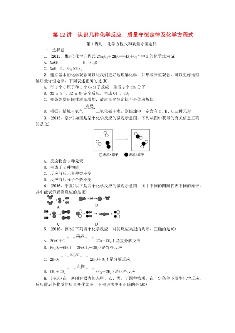 中考化学总复习 第1篇 考点聚焦 模块三 物质的化学变化 第12讲 认识几种化学反应 质量守恒定律及化学方程式跟踪突破1_第1页