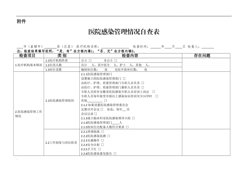 医院感染自查表_第1页