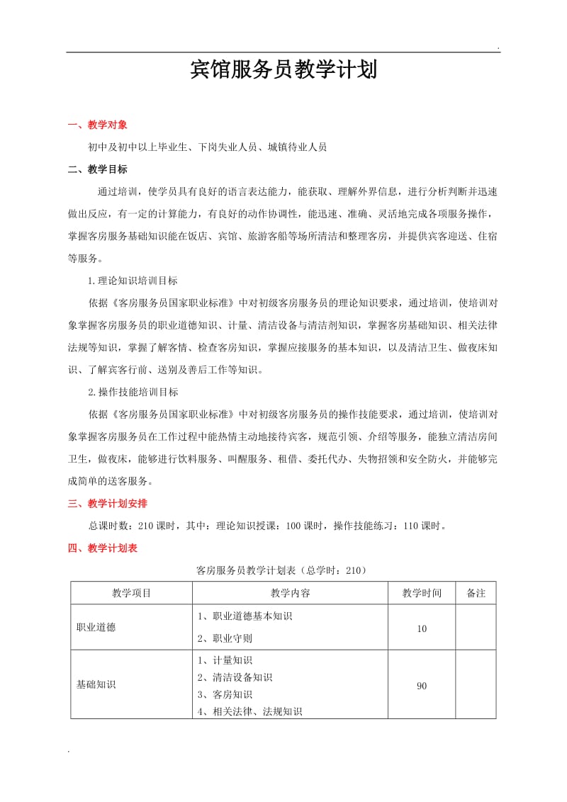 客房服务员教学计划及大纲_第1页