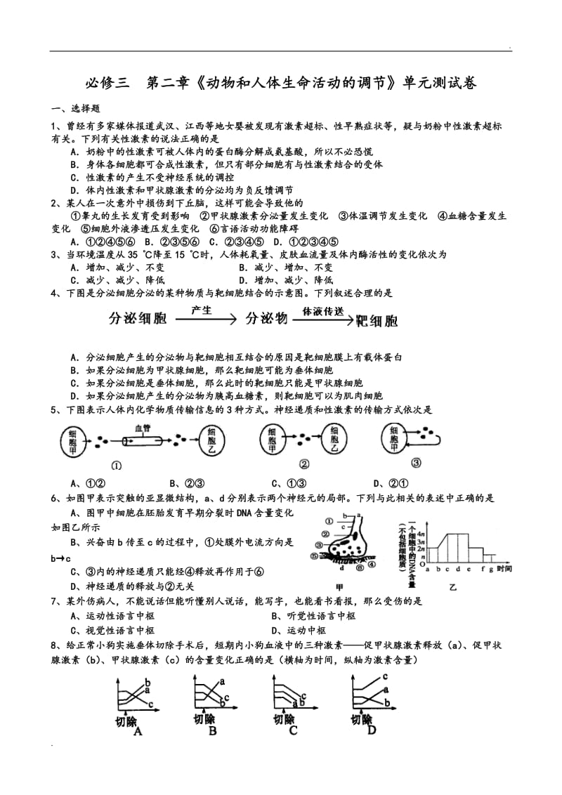 动物和人体生命活动的调节单元检测试题_第1页