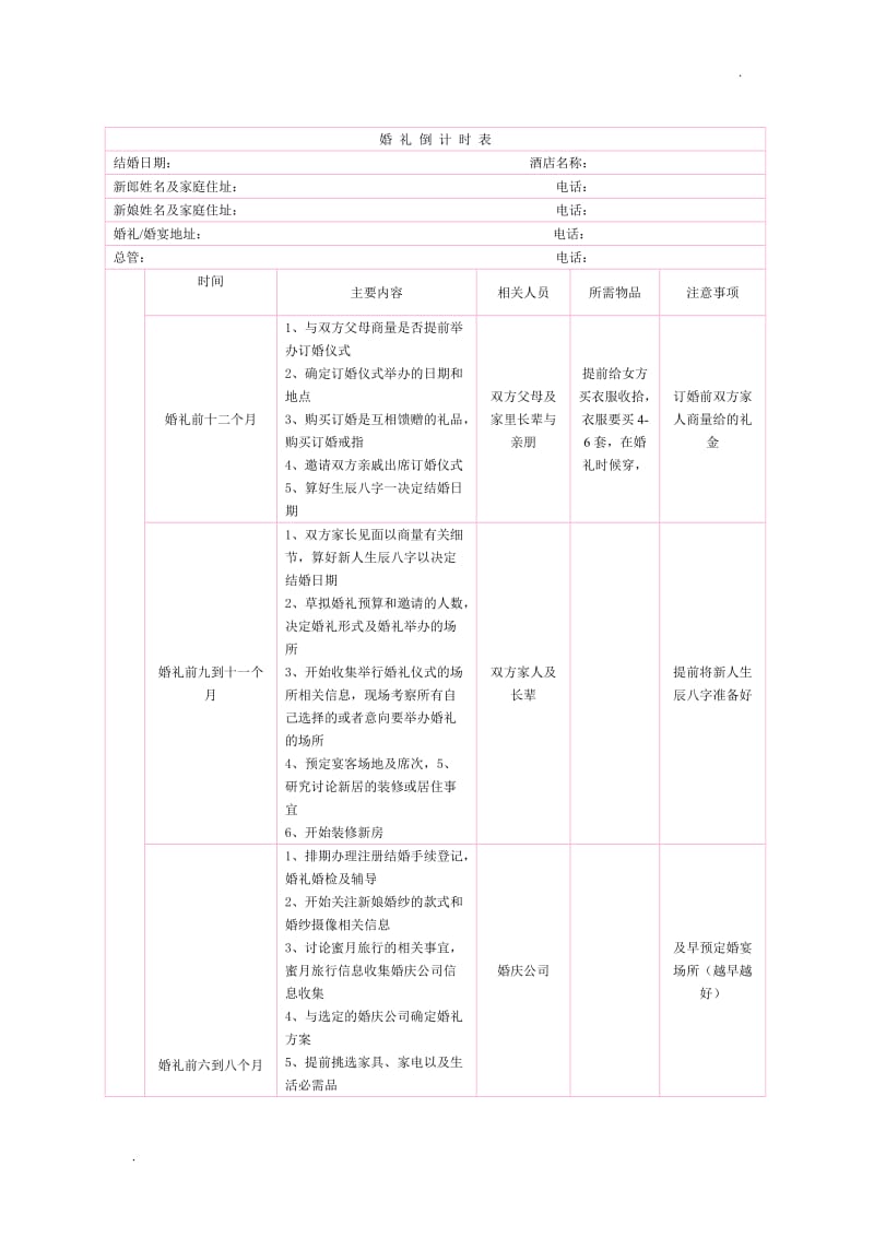 婚礼前期准备流程表(提前一年)_第1页