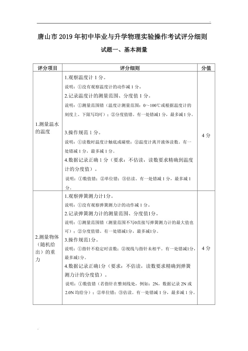 唐山市2019年初中毕业与升学物理实验操作考试评分细则_第1页