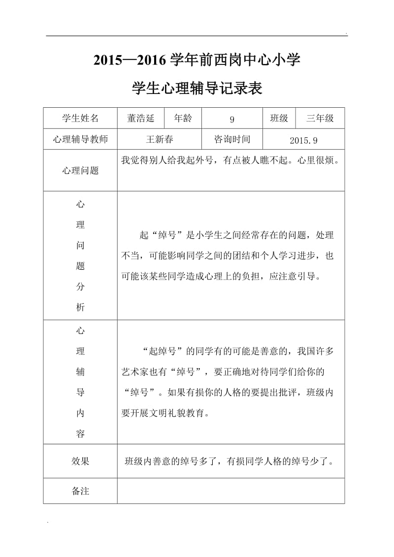 小学心理咨询记录表18份_第1页