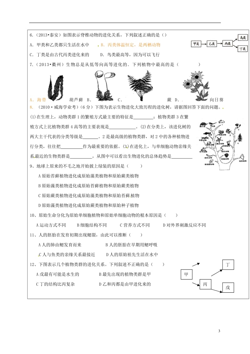 山东省广饶县八年级生物下册5.1.3生物进化的历程学案2无答案新版济南版_第3页