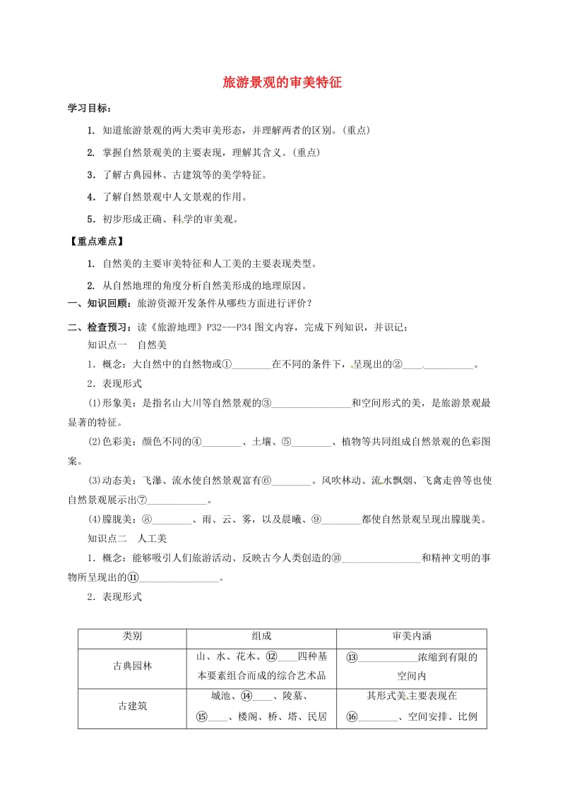 高中地理 旅游地理 第三单元 第一节旅游景观的审美特征导学案新人教版选修3_第1页