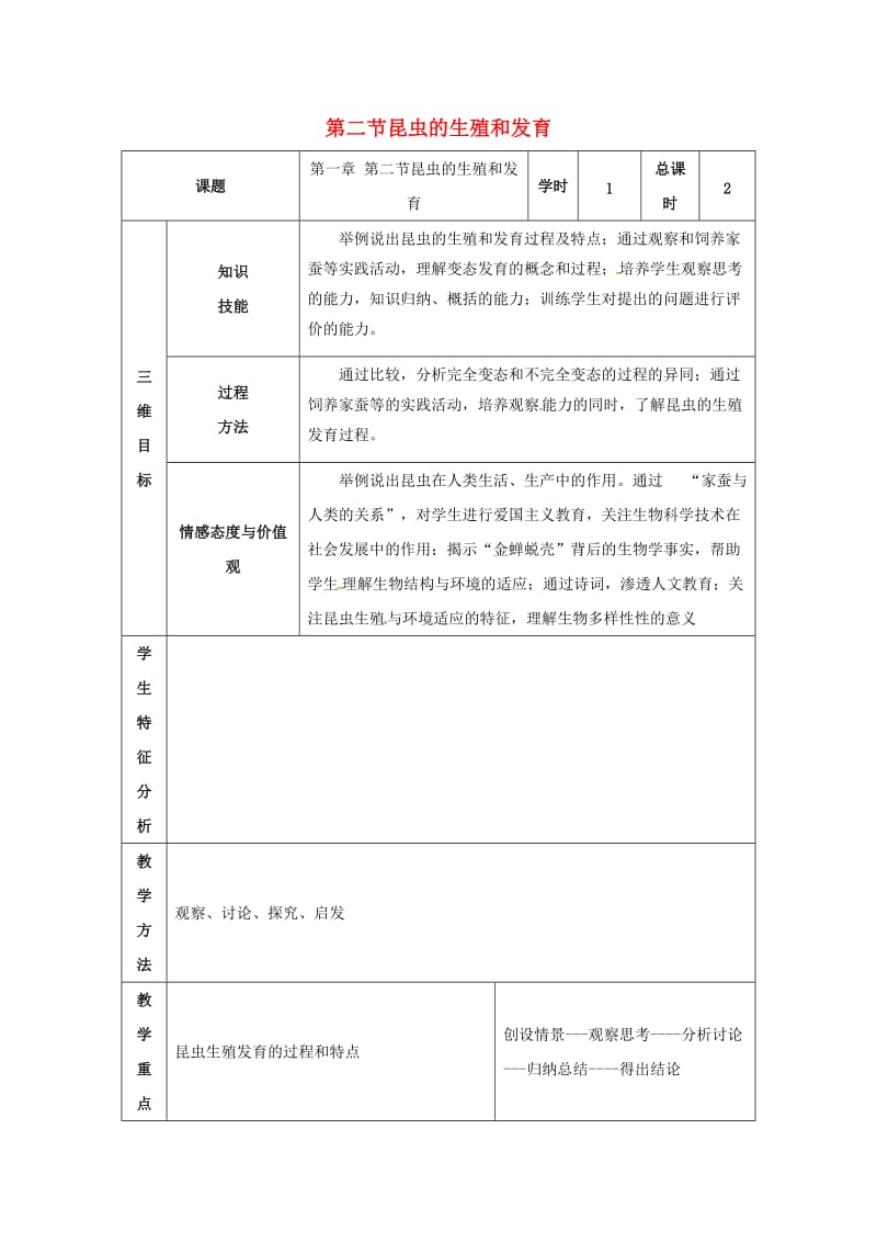 八年级生物下册 7_1_2 昆虫的生殖和发育教案 新人教版_第1页