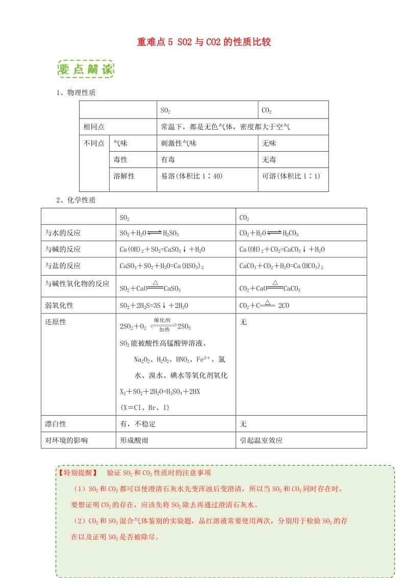 高中化学 第四章 非金属及其化合物 重难点5 SO2与CO2的性质比较（含解析）新人教版必修11_第1页