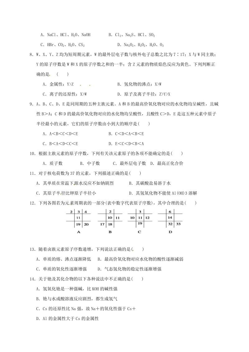 高一化学下学期第一次月考试题（无答案）2 (2)_第2页