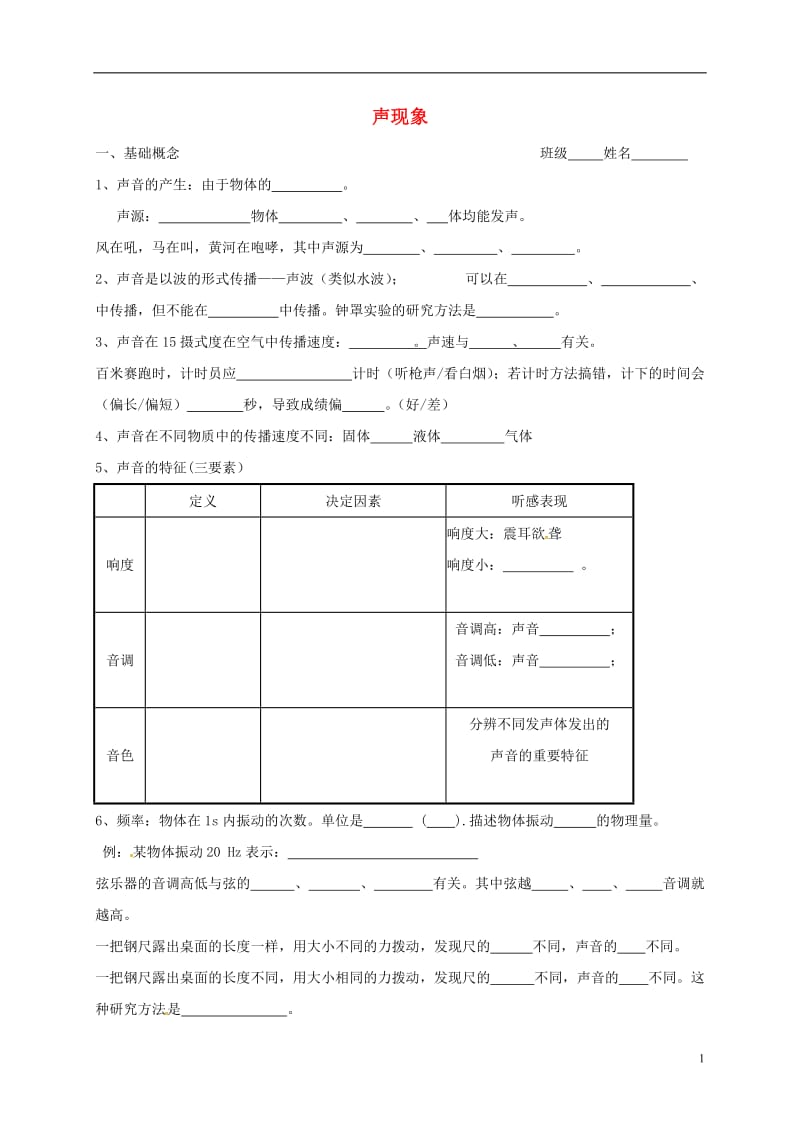 江苏省大丰区万盈镇2017届中考物理一轮复习声现象学案无答案_第1页