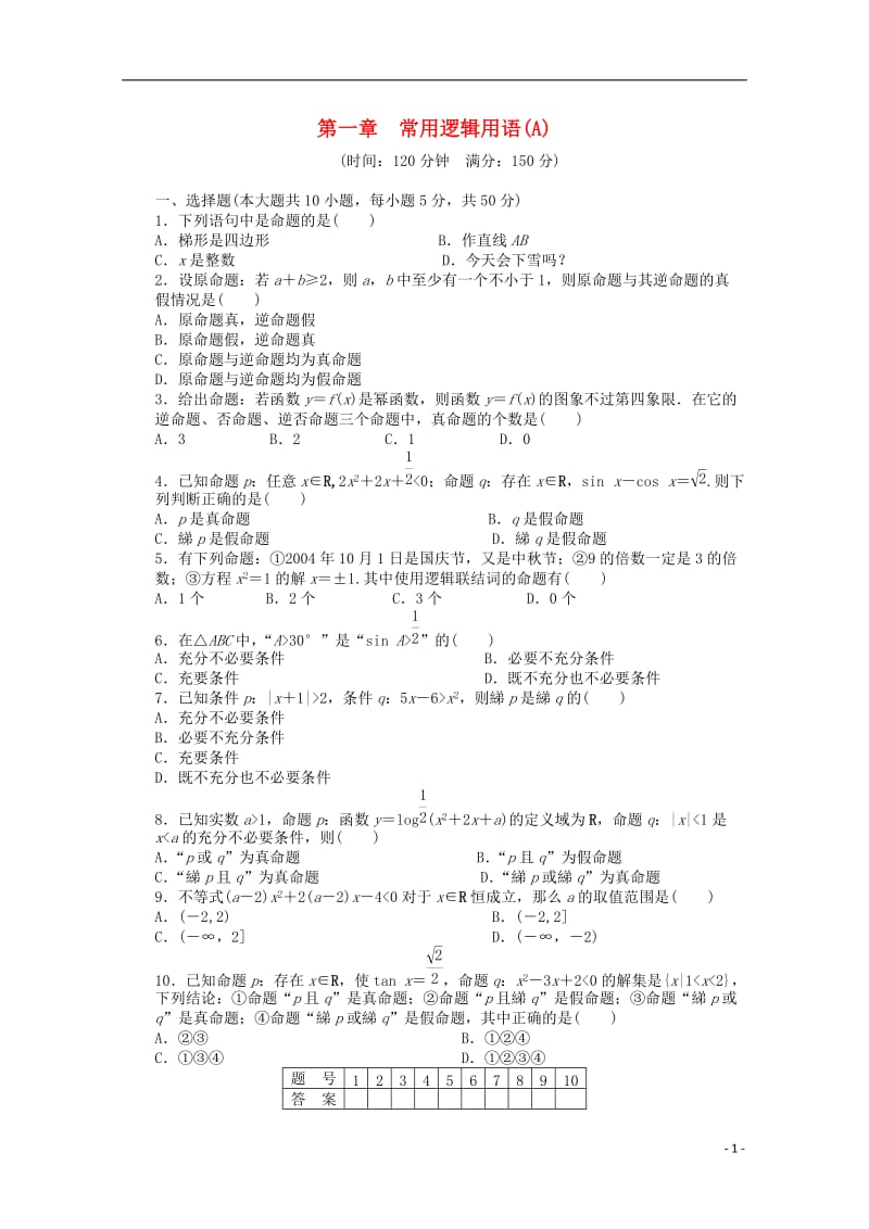 高中数学 第一章 常用逻辑用语章末检测（A) 北师大版选修2-1_第1页