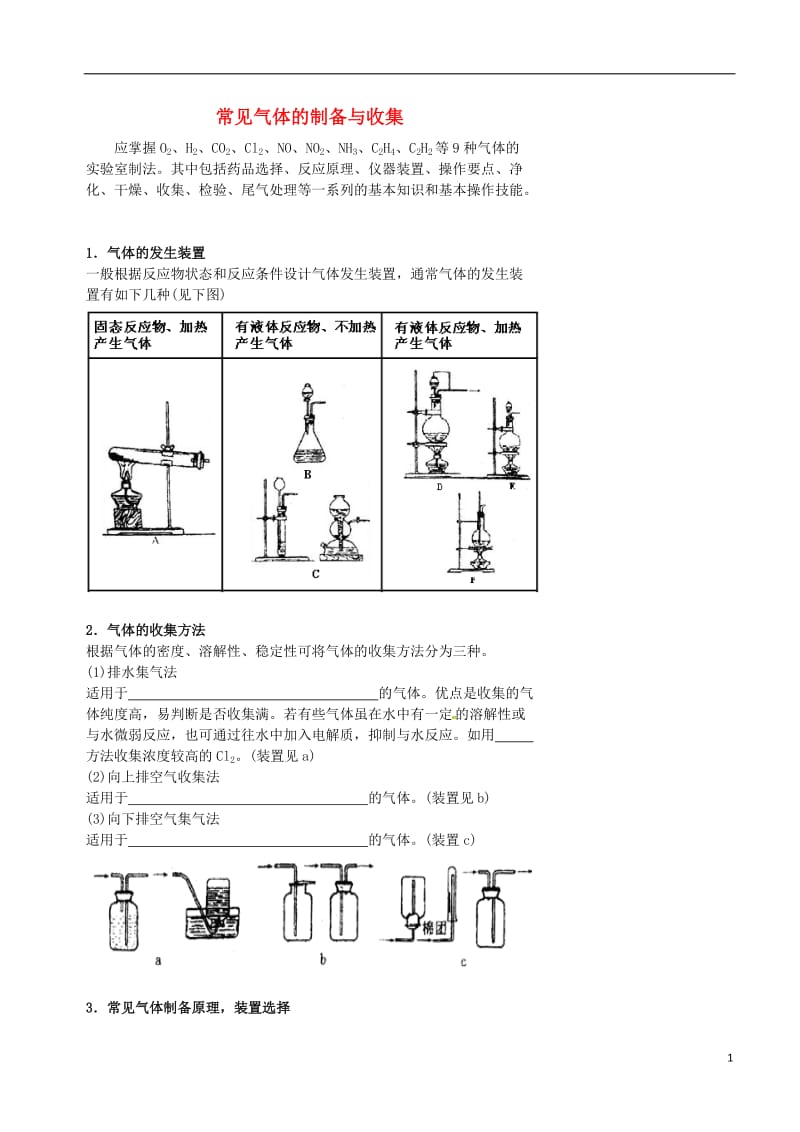 高考化学三轮冲刺 化学实验 常见气体的制备与收集_第1页