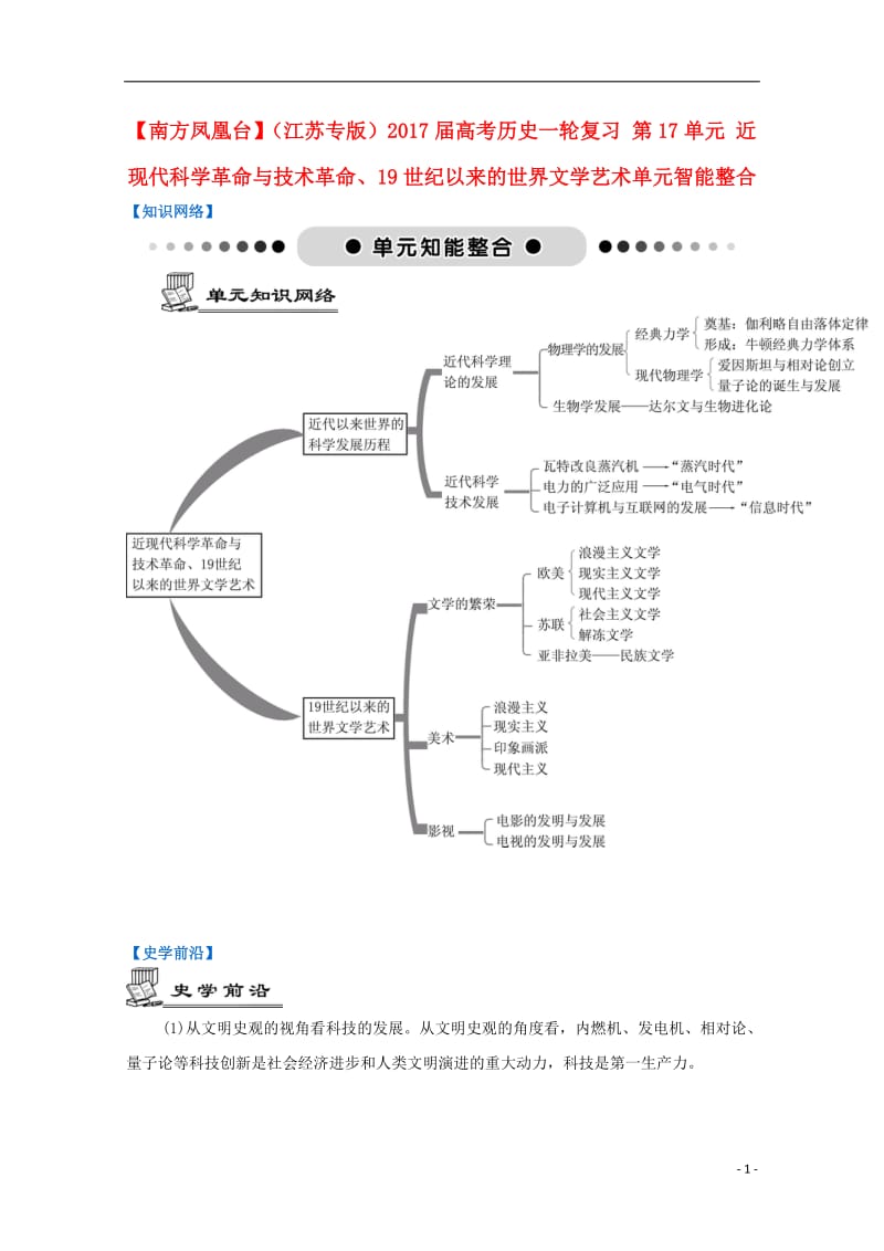 江苏专版2017届高考历史一轮复习第17单元近现代科学革命与技术革命19世纪以来的世界文学艺术单元智能整合_第1页