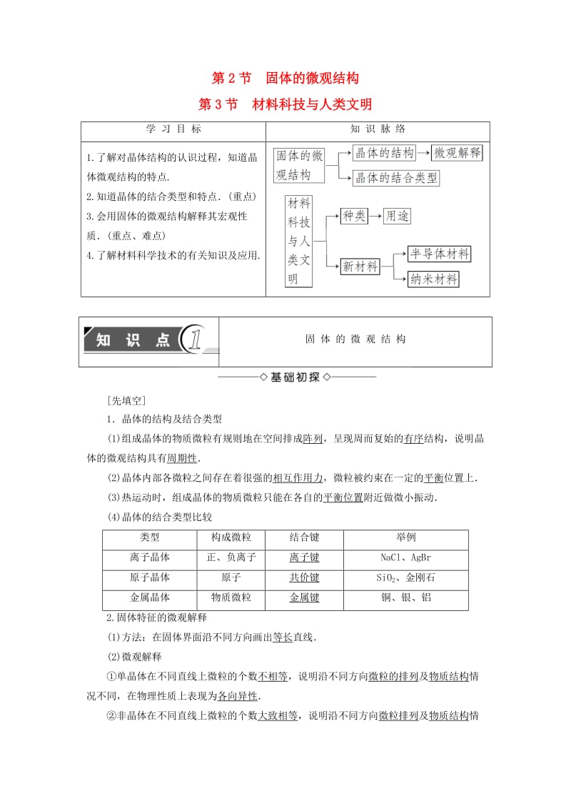 高中物理 第2章 固体 第2节 固体的微观结构 第3节 材料科技与人类文明教师用书 鲁科版选修3-3_第1页