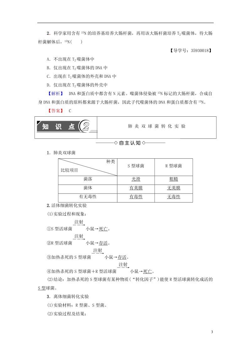 教师用书2016-2017版高中生物第3章遗传的分子基础第1节核酸是遗传物质的证据学案浙科版必修2_第3页