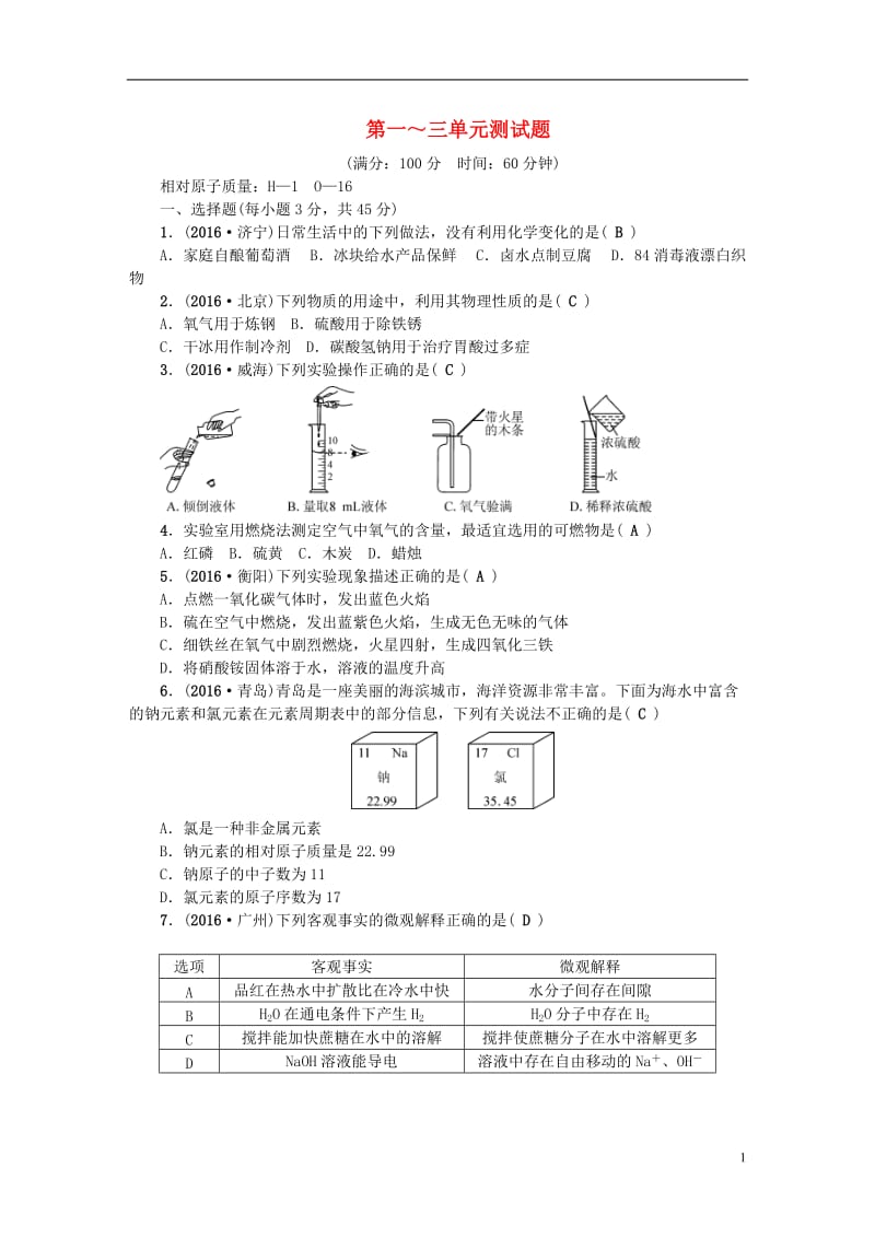 四川版2017中考化学总复习第三篇阶段测试第1-3单元综合测试题_第1页