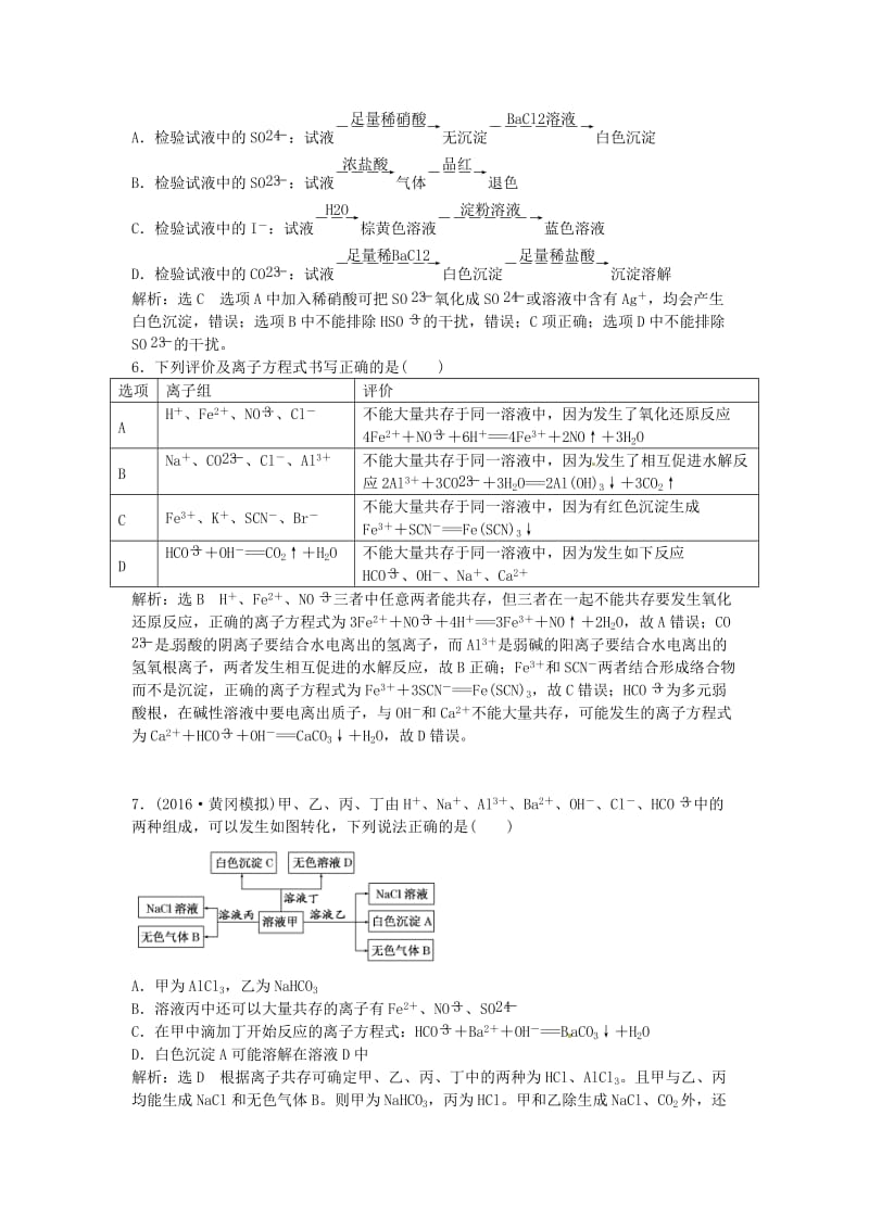 高中化学一轮复习 课时跟踪检测（七）离子共存 离子的检验与推断 鲁教版_第2页