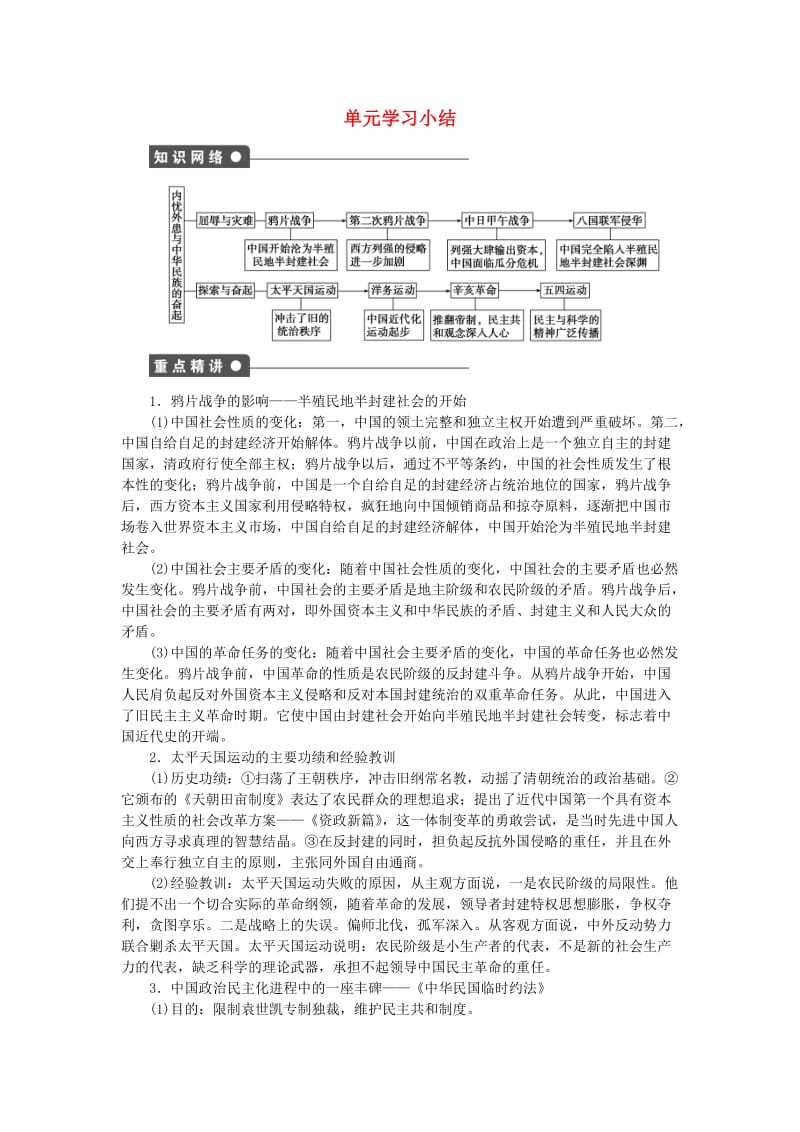 高中历史 第四单元 内忧外患与中华民族的奋起单元小结 岳麓版必修1_第1页