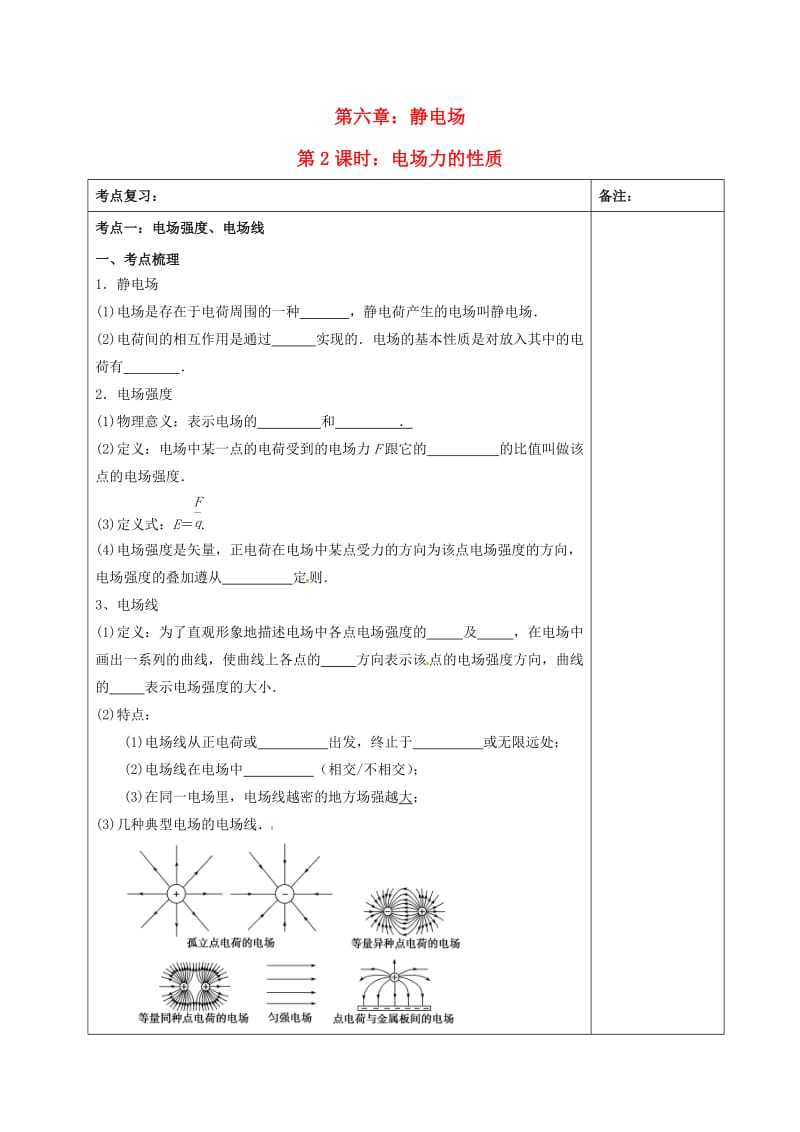 高三物理一轮复习 第六章 静电场（第2课时）电场力的性质学案_第1页