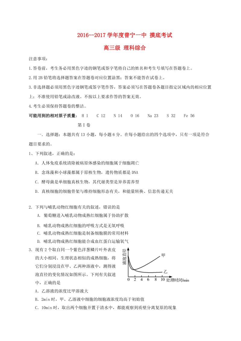 高三理综下学期摸底考试试题2_第1页