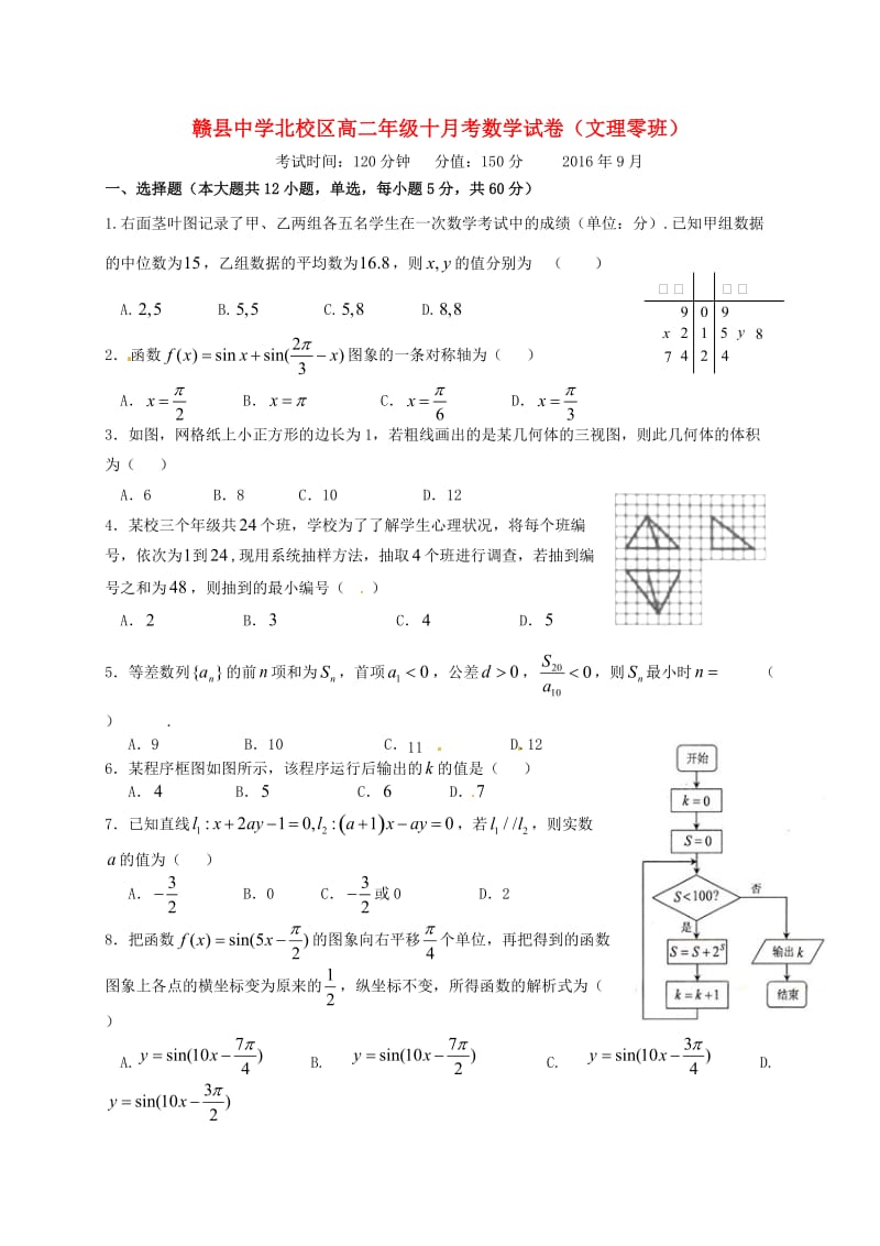 高二数学10月月考试题 文（奥赛班无答案）_第1页