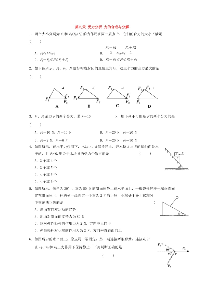 高一物理寒假作业 第九天 受力分析 力的合成与分解_第1页