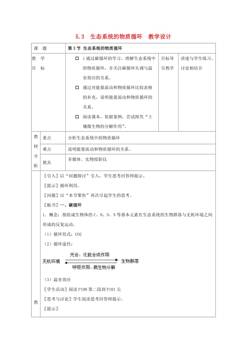 高中生物 第5章 生态系统及其稳定性 第3节 生态系统的物质循环教学设计 新人教版必修31_第1页