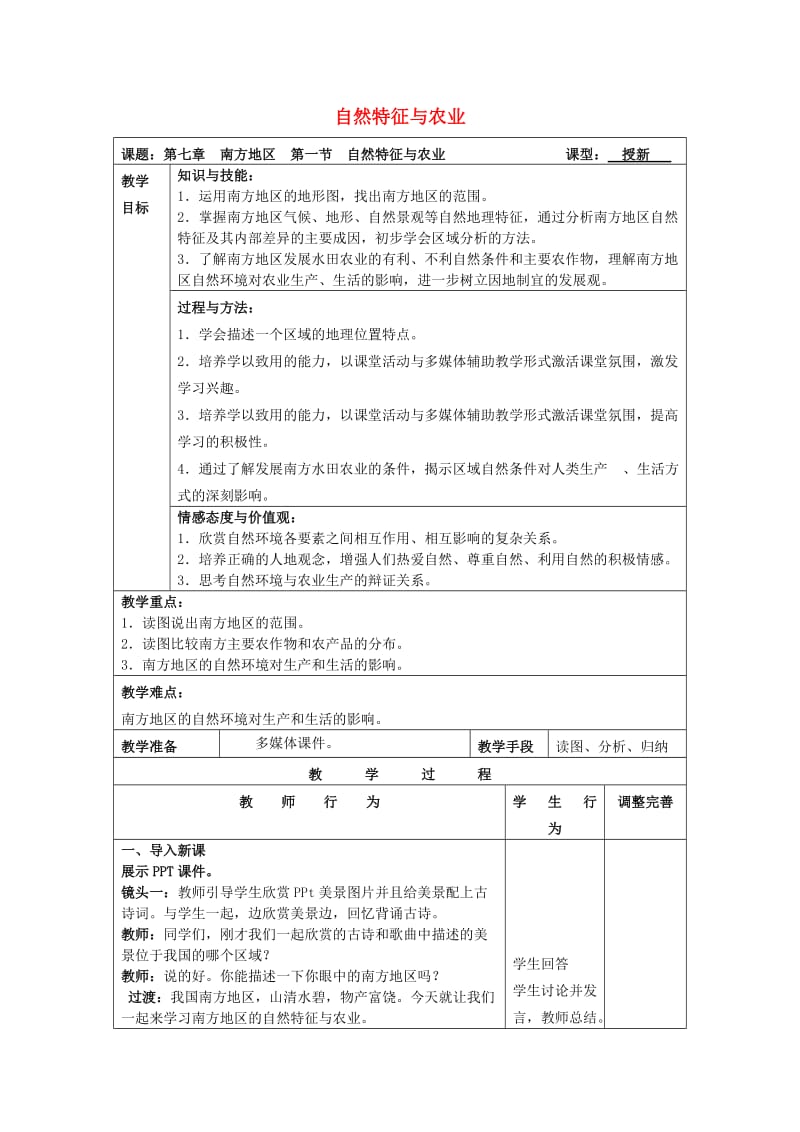 八年级地理下册 第七章 第一节 自然特征与农业教案 新人教版_第1页