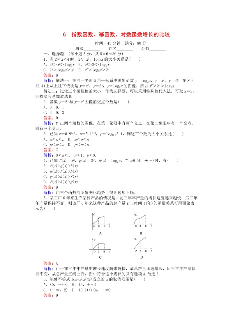 高中数学 第三章 指数函数和对数函数 3.6 指数函数、幂函数、对数函数增长的比较练习 北师大版必修1_第1页