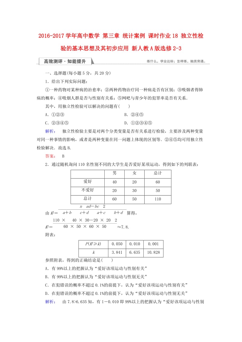 高中数学 第三章 统计案例 课时作业18 独立性检验的基本思想及其初步应用 新人教A版选修2-3_第1页