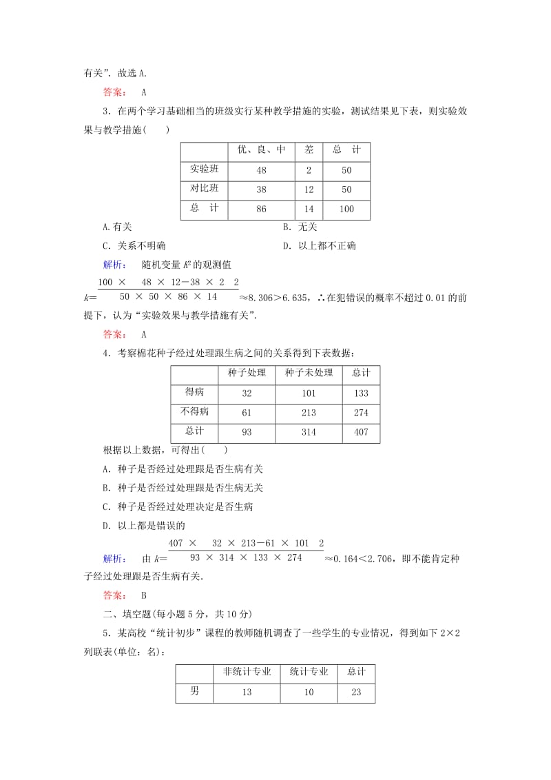 高中数学 第三章 统计案例 课时作业18 独立性检验的基本思想及其初步应用 新人教A版选修2-3_第2页