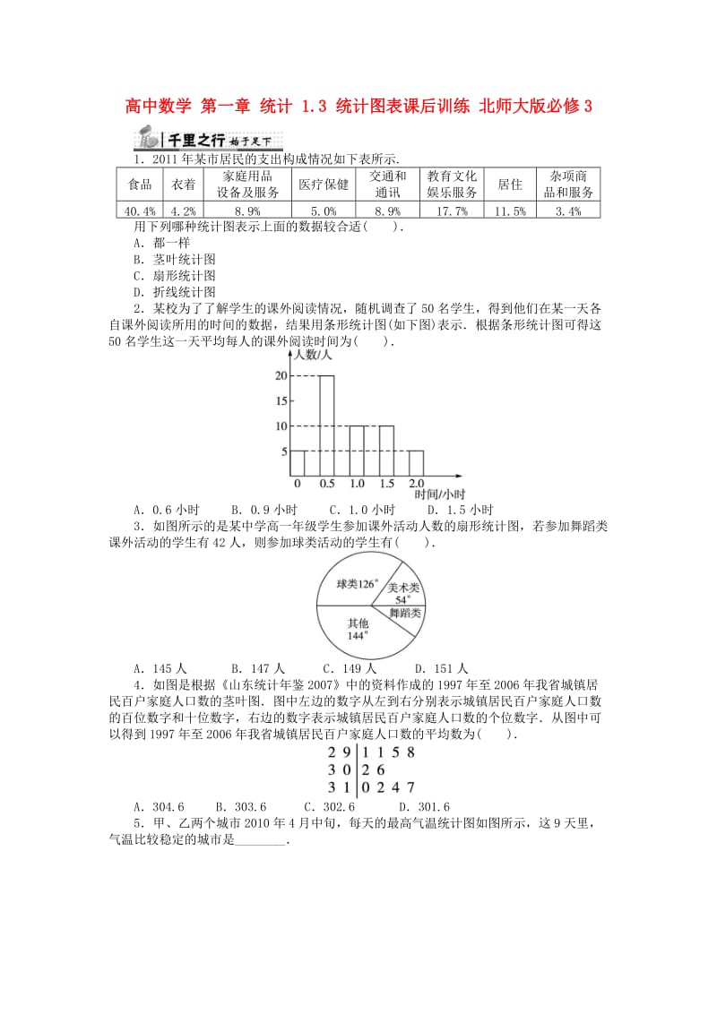 高中数学 第一章 统计 1_3 统计图表课后训练 北师大版必修31_第1页