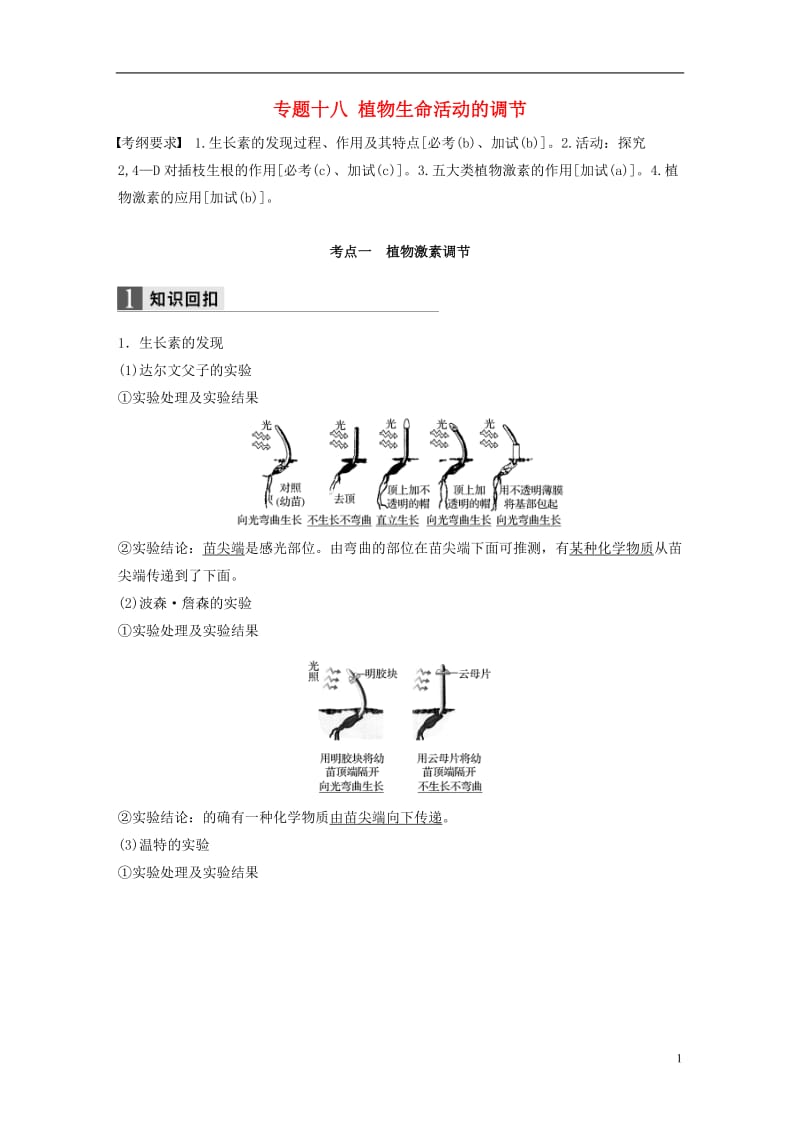 浙江专用2017届高考生物二轮复习专题十八植物生命活动的调节试题_第1页