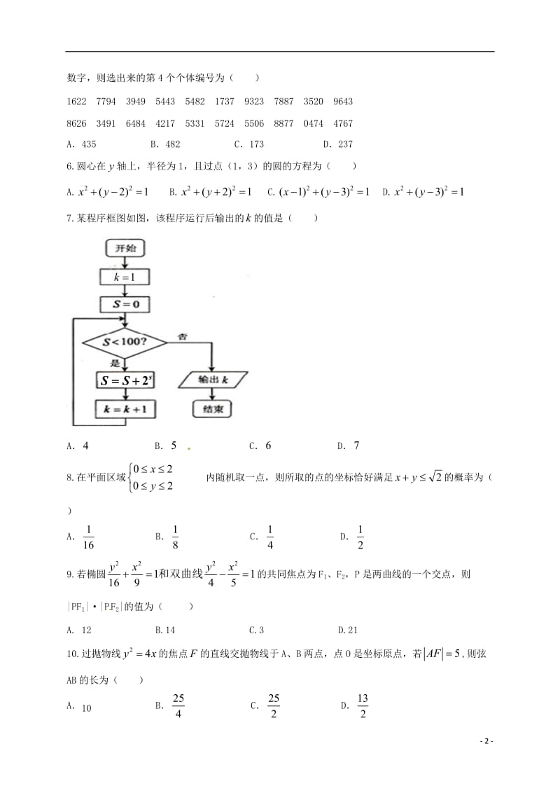 黑龙江省大庆铁人中学2016-2017学年高二数学上学期期末考试试题文_第2页