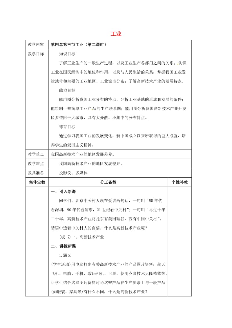 八年级地理上册 第四章 第三节 工业（第2课时）教案 新人教版_第1页