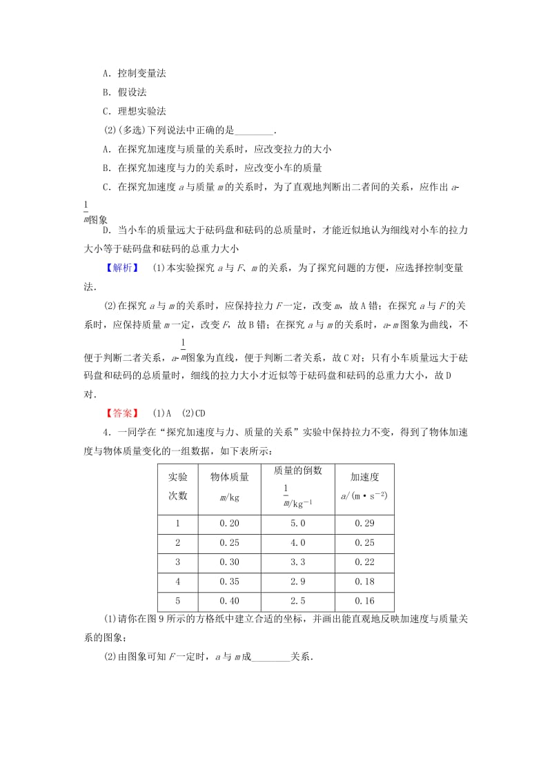 高中物理 第6章 力与运动 第2节 牛顿第二定律 第1课时 实验：探究加速度与力、质量的关系学业分层测评 鲁科版必修1_第2页