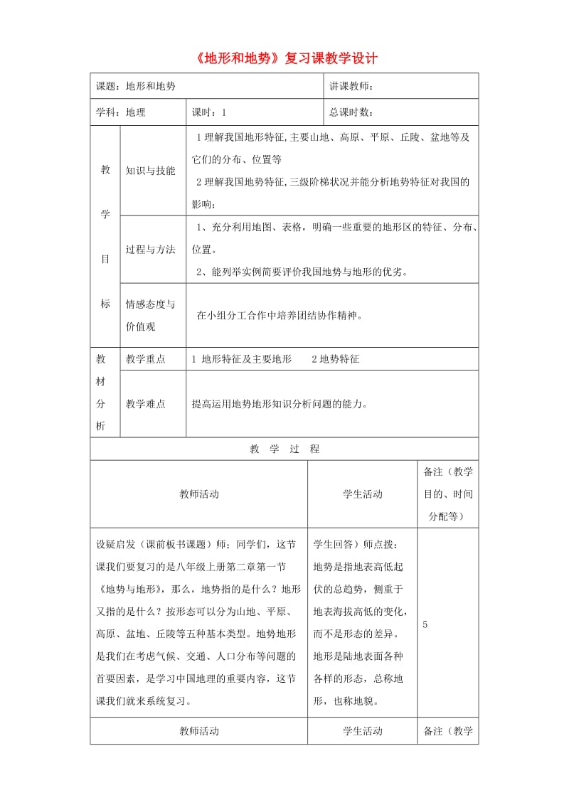 八年级地理上册 21 地形和地势复习教学设计 （新版）新人教版_第1页