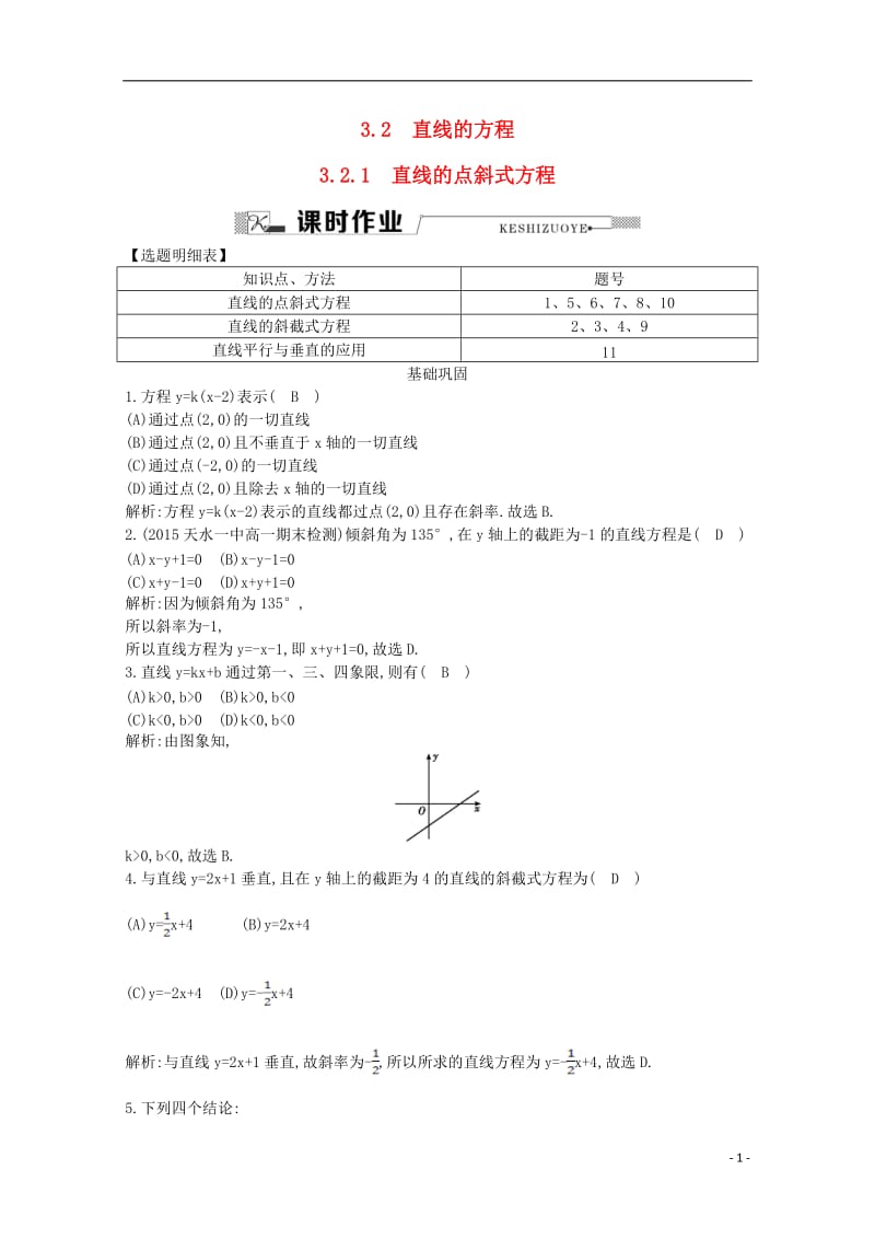 导与练2016高中数学第三章直线与方程3.2.1直线的点斜式方程课时作业新人教A版必修2_第1页